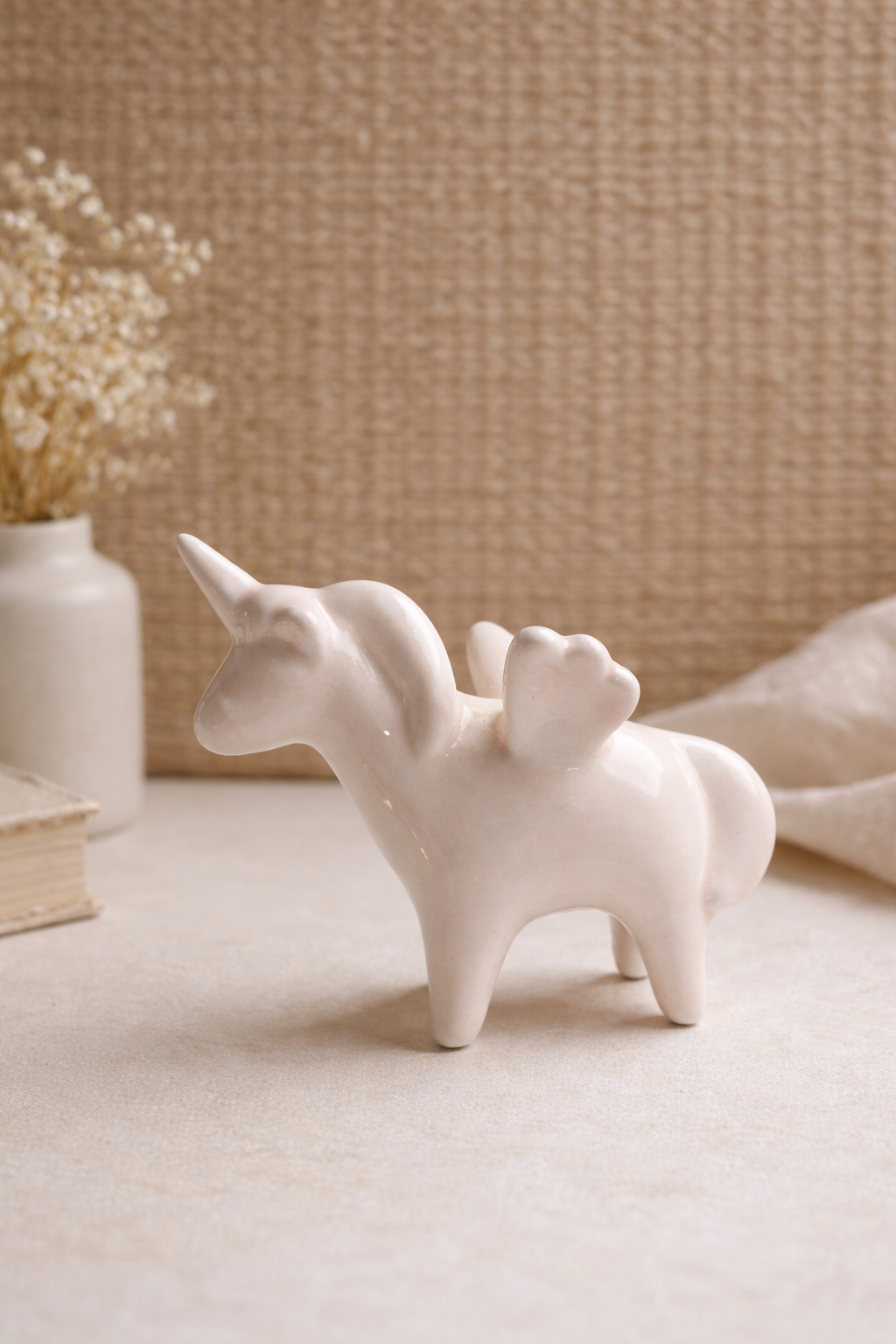 Minimal Ceramic Unicorn Showpiece – Off-White with Blush Tint